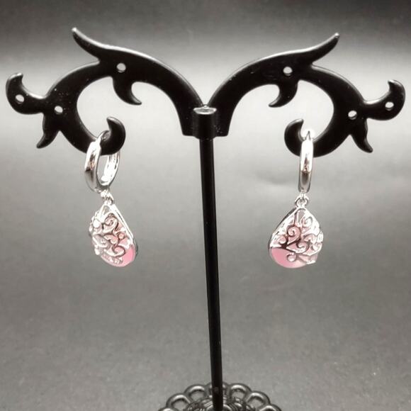 925 Sterling Silver Pink Opal Teardrop Earrings Anniversary Birthday BOHO Gift - Picture 2 of 6